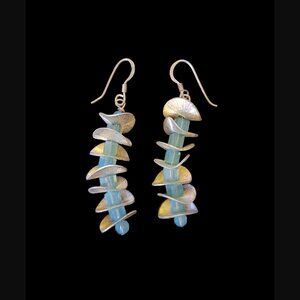 925 Sterling Silver Wavy Stacked Disks Blue Bead Drop Dangle Earrings 2"